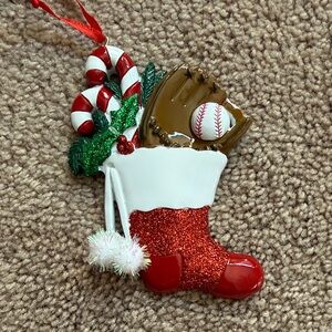 Glittery Christmas Stocking Ornament Baseball Theme with Glove and Ball
